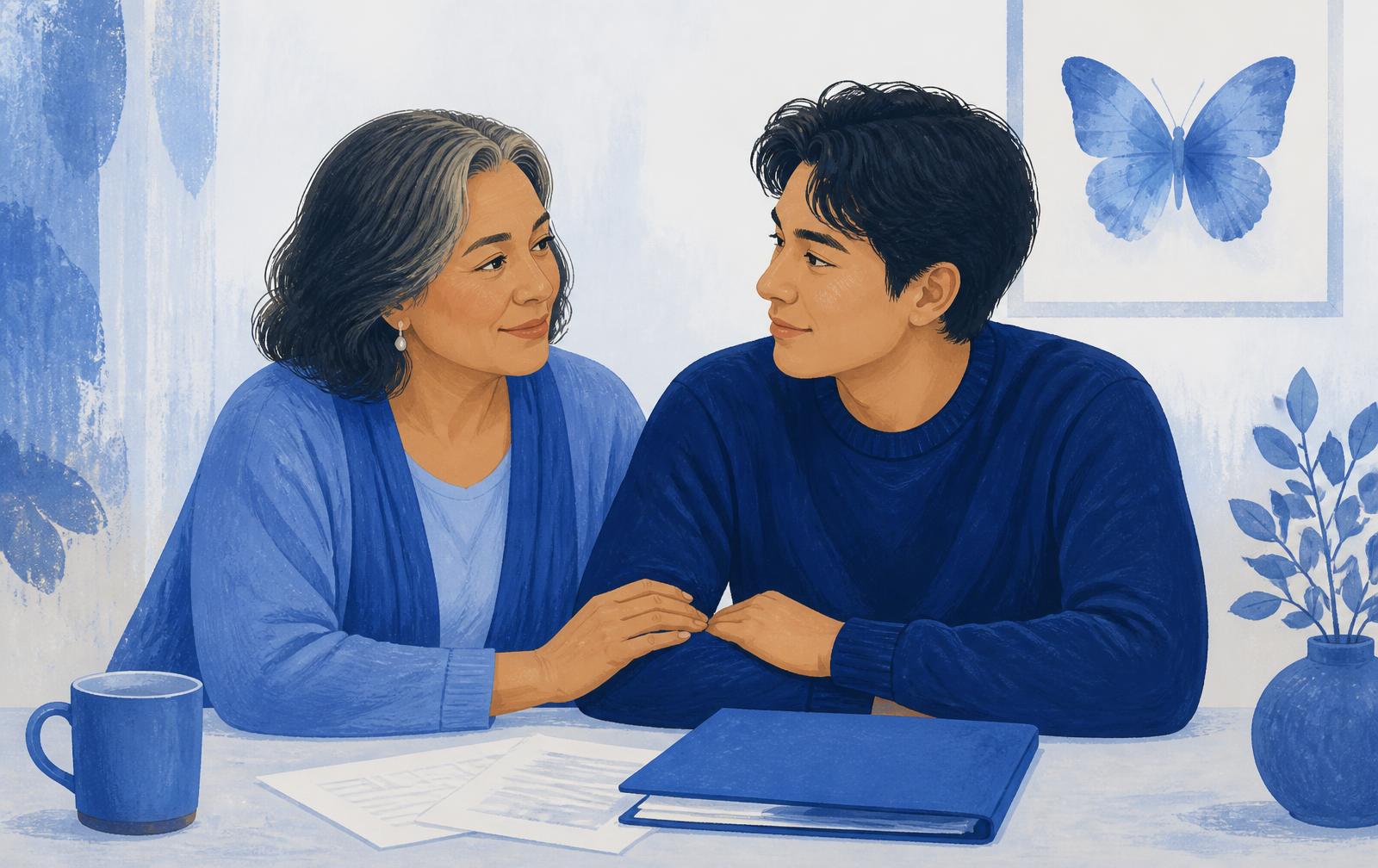 A parent and their adult son sitting together at a kitchen table going through Court of Protection paperwork
