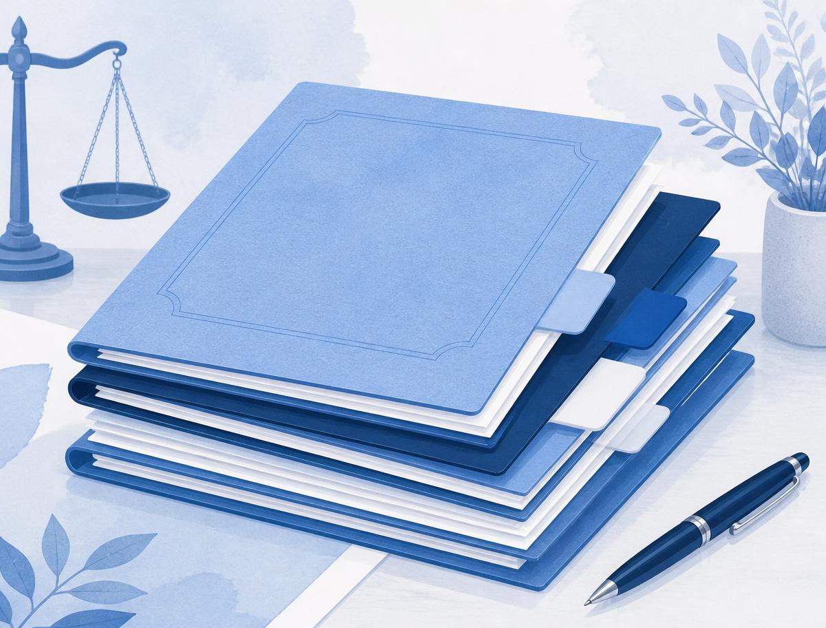 A neat stack of labelled court bundle folders with index tabs and a pen