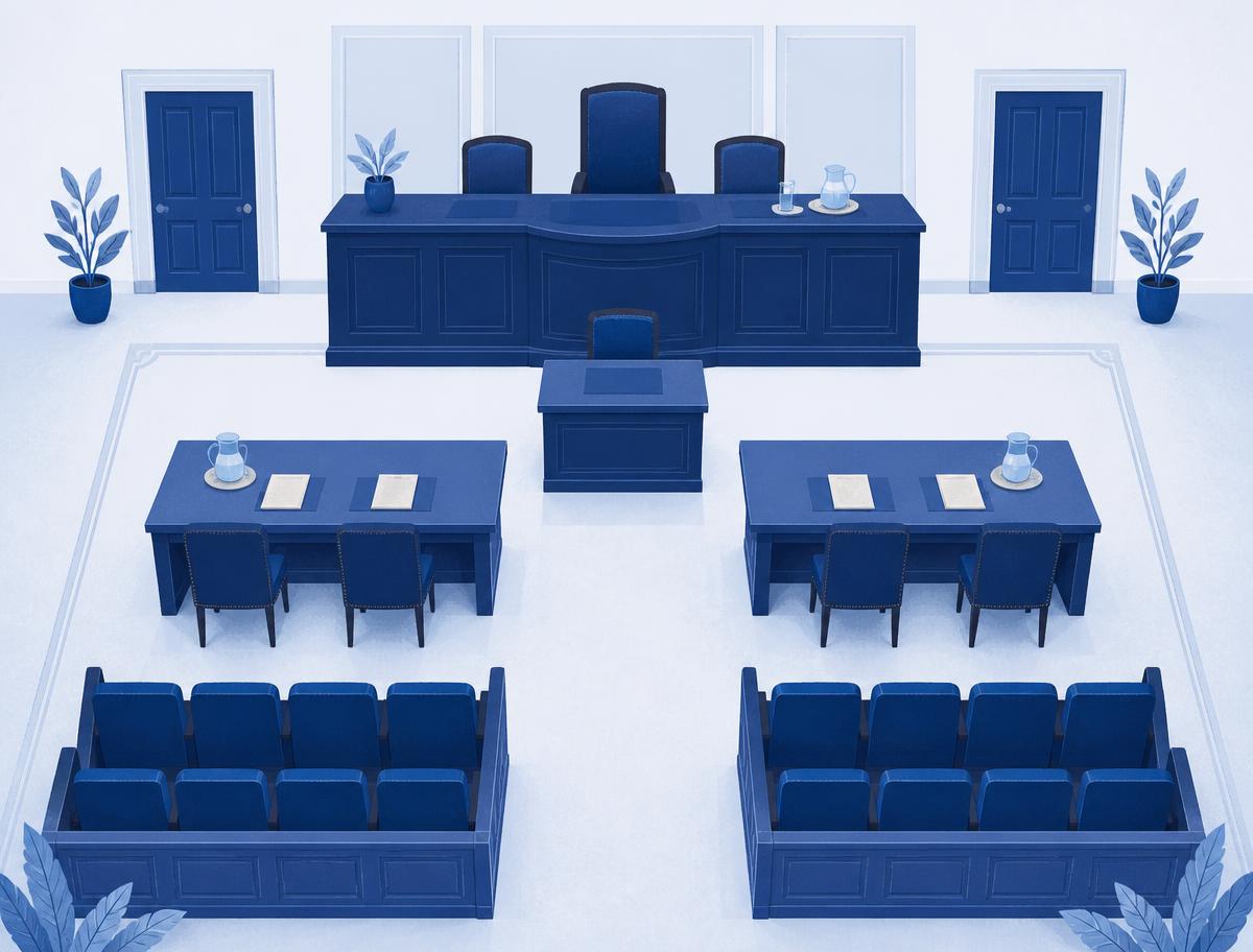 Overhead view of a calm courtroom showing the judge's bench, advocates' tables and the public seating